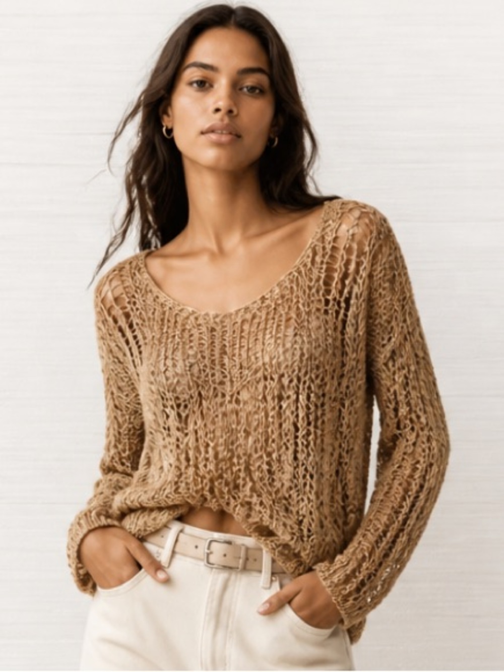 FREE PEOPLE Sweater Tunic Slouchy Boat Neck Layering Loose Knit Pullover Tan